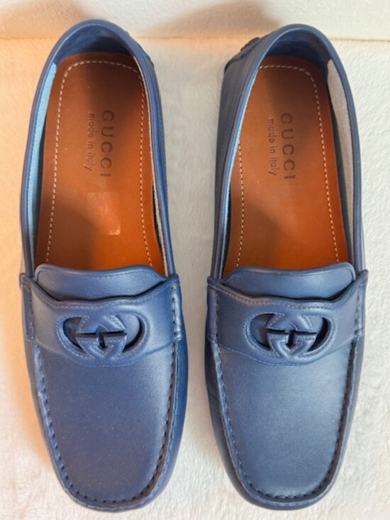 Gucci Men’s Blue Leather Interlocking G Driving Loafers Size 8